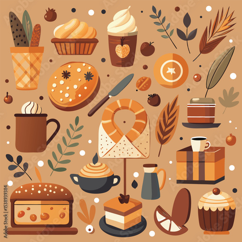 Autumnal Hand Drawn Bakery Collection Brown Orange Cream Cakes Pastries Coffee Cups hand-drawn