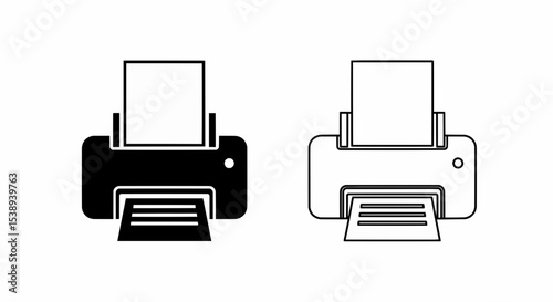 This high-quality vector graphic features two minimalistic printer icons: a solid black silhouette and a black outline, both with paper, a button, and horizontal lines, all with fine details.