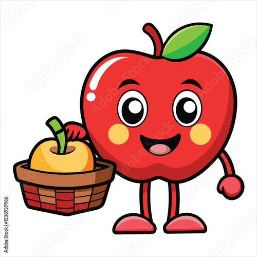 Cute Cartoon Red Apple Character Holding Fruit Basket