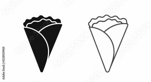 Two identical icons for wrapped food (crepe/roll): solid black filling and dark grey outline, both with wavy top and folded wrapper detail, suitable for use as a vector.