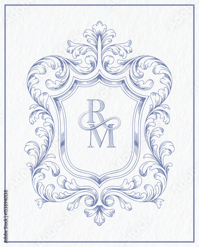Vintage Royal Emblem with Baroque Acanthus Scrolls – Ornamental Crest Frame Design in Blue Engraving Style, Isolated on White Background.