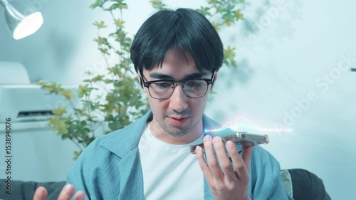 A young man is using a voice command or communicating with an artificial intelligence assistant on his smartphone while sitting indoors. A digital waveform graphic is displayed on the screen.