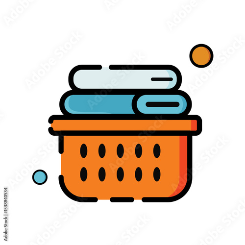 Flat-style vector illustration of an orange laundry basket filled with neatly folded towels. The towels are in light blue and teal colors, with additional decorative elements such as small colored dot