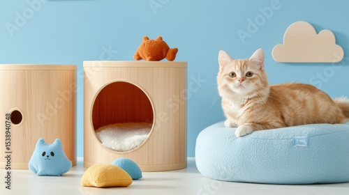 A comfortable and inviting indoor space designed for a cat to rest and relax, featuring a multi-level furniture setup with plush textures and modern, minimalist decor.