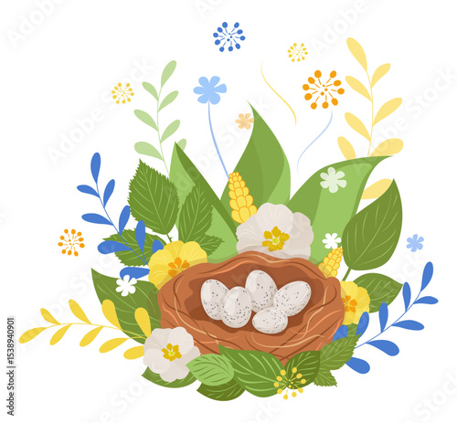 Bird nest with speckled eggs among grass and flowers. Color isolated vector illustration. Green, yellow, blue color. Beautiful picture of bird house among plants