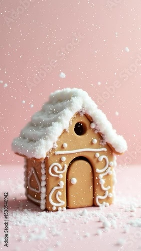 Small ginger house with a snow covered roof