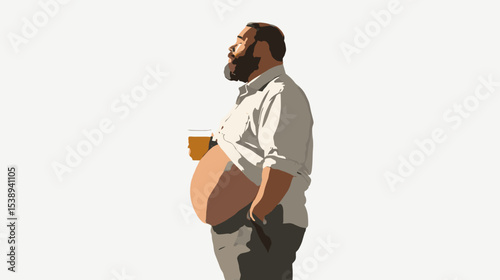 Overweight man with drink looking away on white background healthy lifestyle
