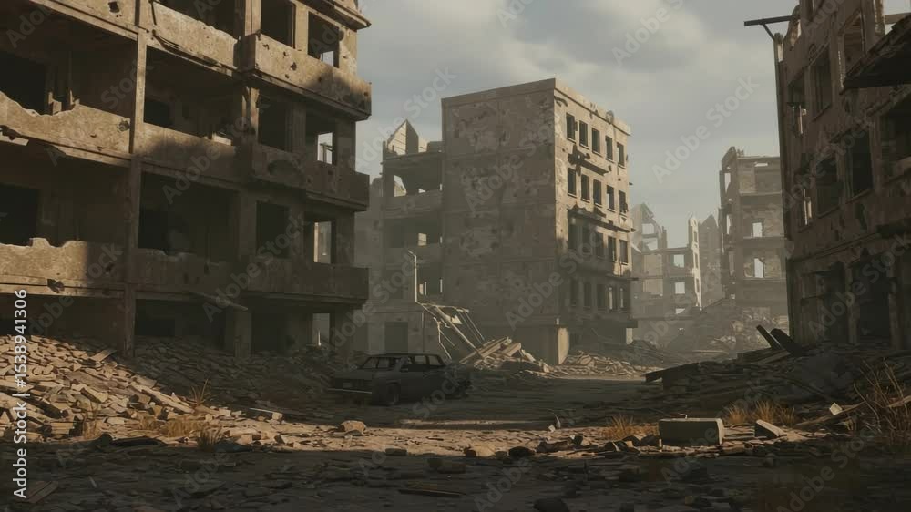 Cityscape aftermath war devastation destruction ruins abandoned buildings desolation debris