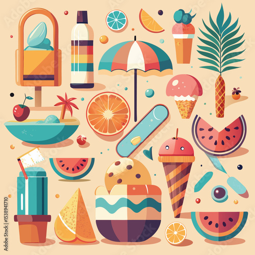 Pastel Summer Icons Collection Beach Umbrella Ice Cream Watermelon Orange Slices Sun Lotion Popsicle