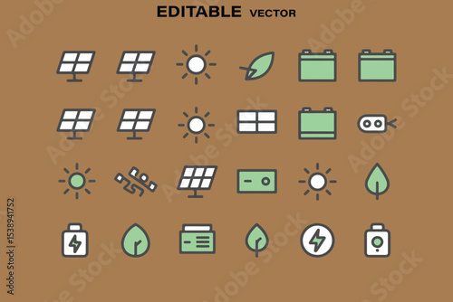 Renewable energy icons set solar power battery leaf sun