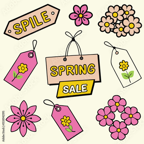Cute Spring Sale Design Elements Pink Yellow Flowers Tags Sale Labels Pastel Background sale tags price tags