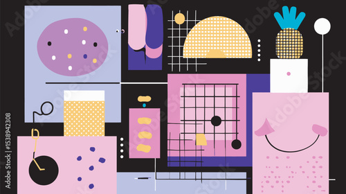 Abstract shapes compose surreal composition on dark backdrop