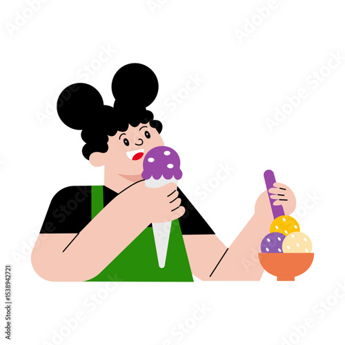 A flat style illustration showing a kid eating ice cream