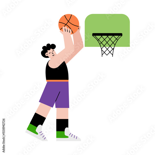A flat style illustration showing a kid playing basketball