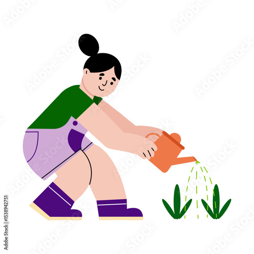 A flat style illustration showing a kid watering plants