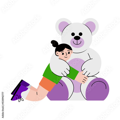 A flat style illustration showing a kid hugging toy