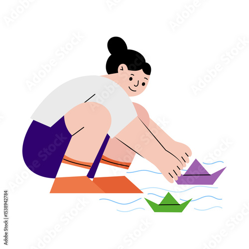 A flat style illustration showing a kid playing with paper boats