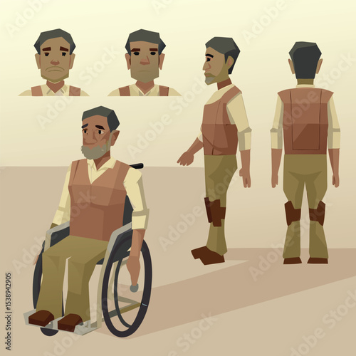 Cartoon illustration of elderly man in wheelchair with different views