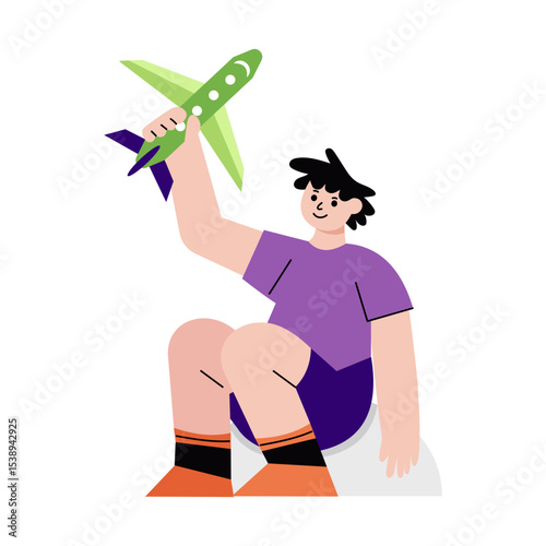 A flat style illustration showing a boy playing with airplane toy