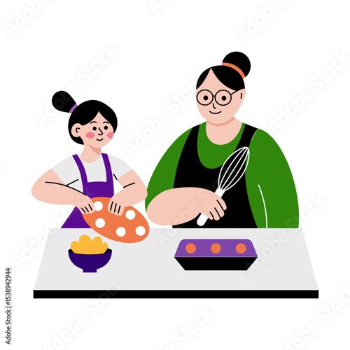 A flat style illustration showing a kid baking with her mom