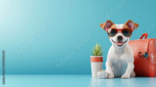 Adorable domestic dog wearing trendy sunglasses and sitting comfortably next to a travel bag, exuding a relaxed and playful mood during a summer adventure or vacation.