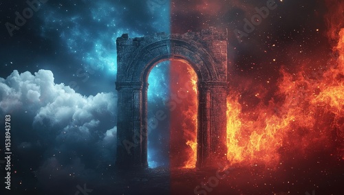 A stone archway, bisected by opposing elements; icy blue celestial swirls on one side, fiery orange flames on the other, suggesting duality and contrast