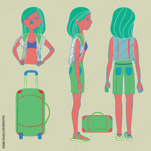 Colorful vector illustration of a woman and luggage