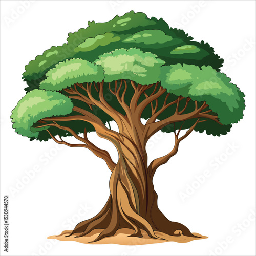 Large Green Cartoon Tree with Thick Trunk and Roots Illustration