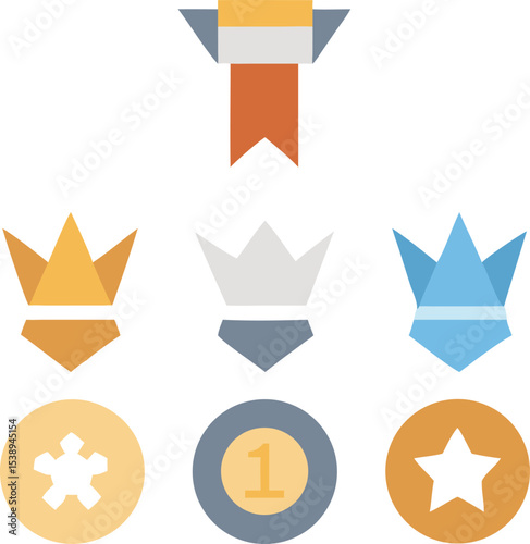 Gold Silver Bronze Award Badges Set Flat Design Crowns Medals Icons vector