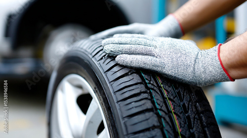 Close-up of a professional auto mechanic placing a new tire onto a vehicle. 