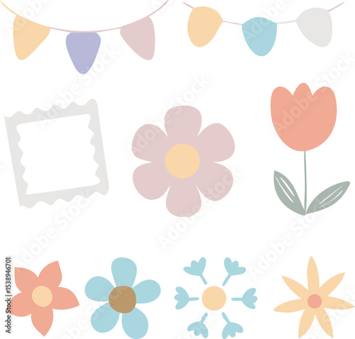 Pastel Springtime Floral Elements Collection Featuring Flowers Bunting and Frame vector