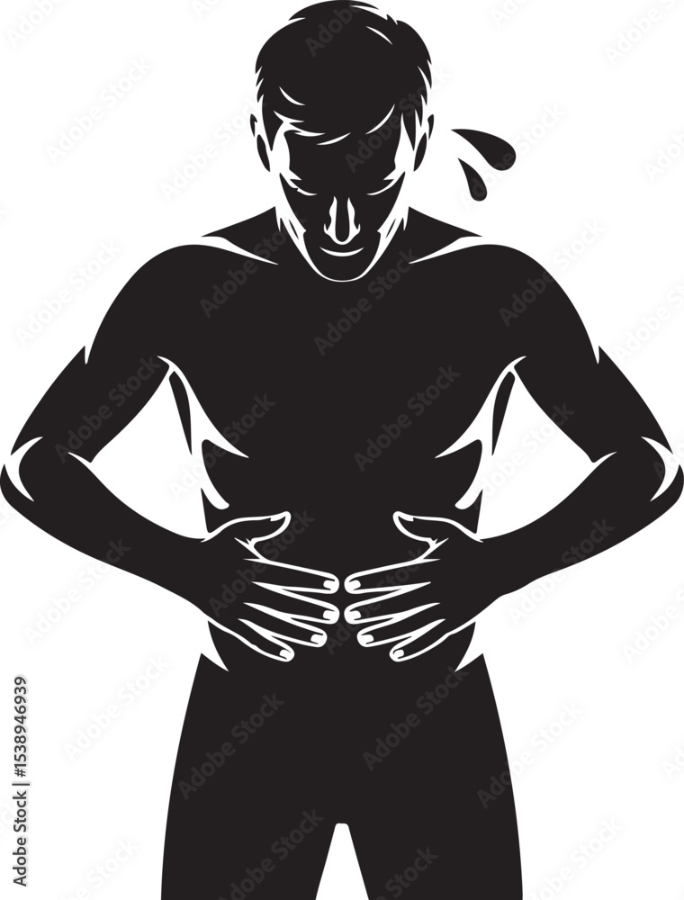 Naklejka premium Stomach Ache Silhouette Vector Illustration Man Holding Abdomen in Pain