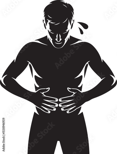 Stomach Ache Silhouette Vector Illustration Man Holding Abdomen in Pain
