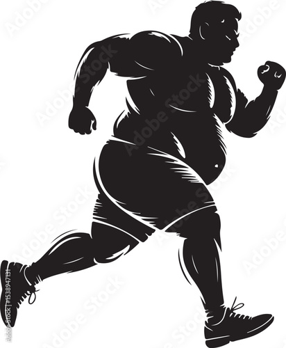 Overweight Man Running Silhouette Vector Illustration Fat Person Jogging
