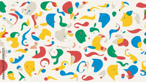 Colorful shapes scatter on plain abstract backdrop artwork