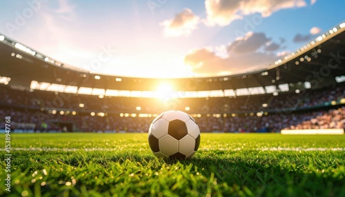 A football stadium at sunset captures the energy of sports, fan excitement, global tournaments and the spirit of teamwork and competition