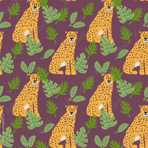 Tropical wildlife pattern with leopards and leaves for decorative design.