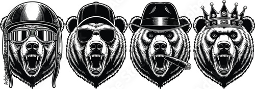 Four bear heads wearing different hats and accessories in monochrome art