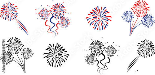 4th july Independence Day fireworks frame .Red, blue fireworks for 4th of July . Fourth of July background . United States of America celebration firecrackers border . USA exploding fireworks .