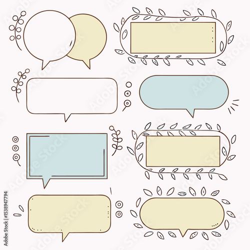Twenty Four Pastel Colored Speech Bubbles and Frames with Leaf Decorations Hand Drawn Style Blank Templates