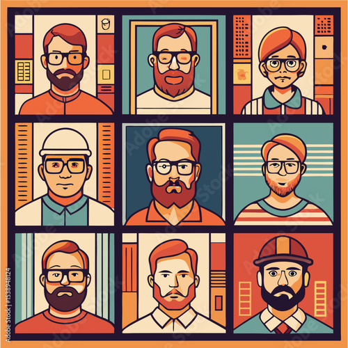 Twenty Four Simple Line Frames Portraits Redhead Men Geometric Backgrounds line art