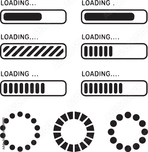 A collection of illustrative black and white vector icons and progress bars representing the concept of loading and progress.