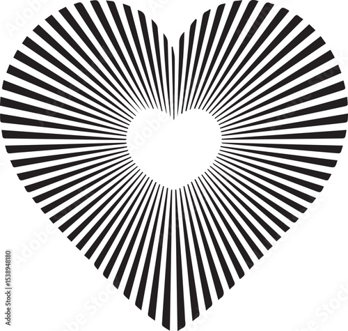 A graphic monochrome illustration of a heart with striped lines radiating outwards on a blank white background.