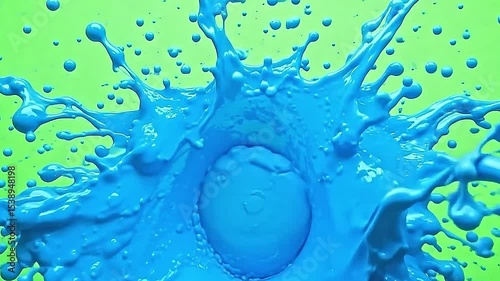 Explode blue paint splash cascades gently across a bright green background, the blue fluid droplets blending naturally while standing out against the vibrant color.