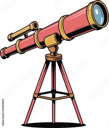 A vintage style illustration of a classic telescope on a tripod for exploring the night sky and outer space.