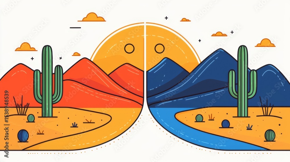 Obraz premium A vibrant desert landscape featuring mountains, cacti, and a bright sun creating an eye-catching scene.