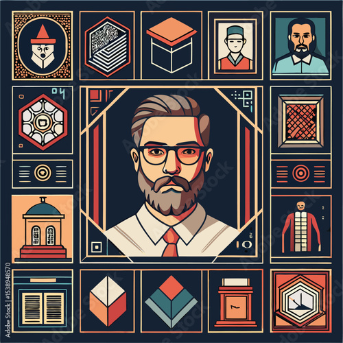 Twenty Four Geometric Line Frames Featuring Bearded Man In Glasses And Various Cultural Icons In Warm Color Palette