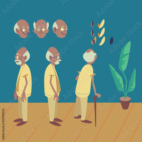 Elderly man illustration in isometric perspective with different expressions