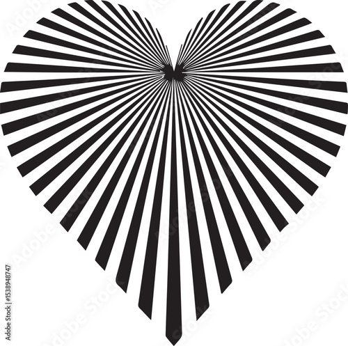 Black and white geometric heart shape with striped rays radiating outward from a central point on a white background