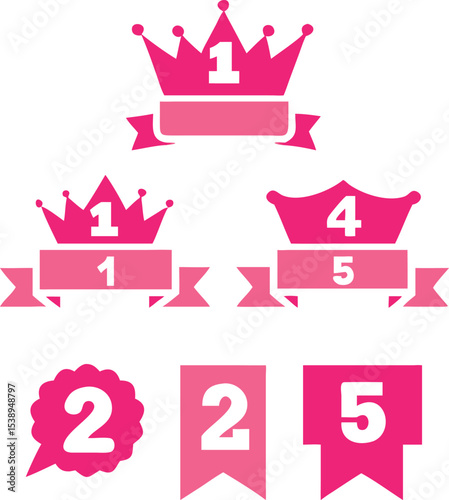 Pink Crown Award Badges Set Numbered One Two Four Five Ranking Competition Winner First Place vector